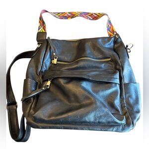 Black Faux Leather Shoulder Bag Backpack w/ Colorful Aztec Strap Women’s OS
